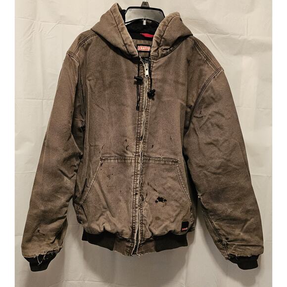 Vtg Thrashed Craftsman Moss Green Duck Canvas Quilted Lined Hooded Jacket Sz L - Picture 1 of 7